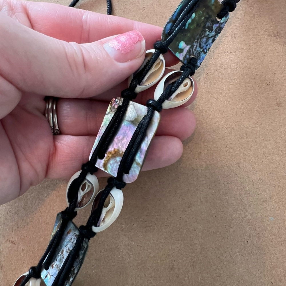 Boho Cowrie & Abalone Shell Belt | Adjustable Black Cord Coastal Waist Belt - Picture 3 of 8